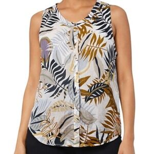 C&C California 100% Linen Tropical Leaf Print Sleeveless Button Up Shirt Women L
